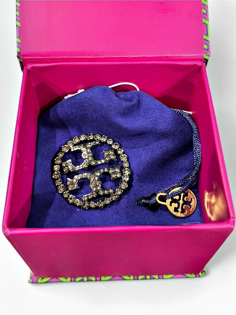 Tory Burch Crystal Logo Brooch with box